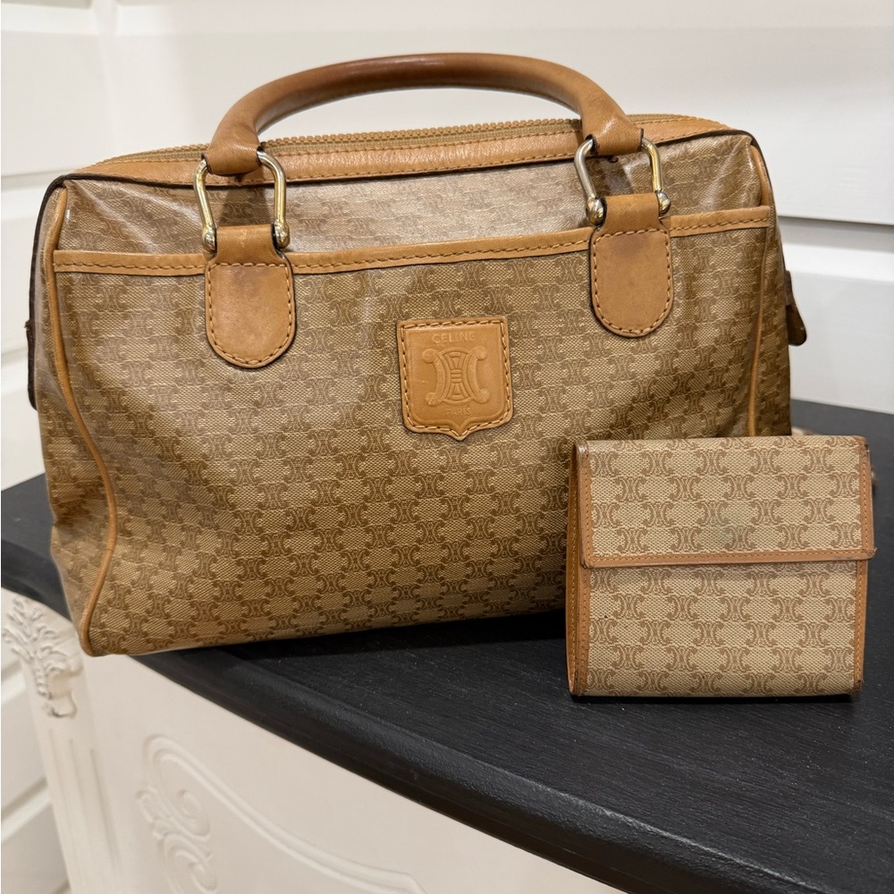 Celine Bundle Tan Monogram Satchel with matching wallet